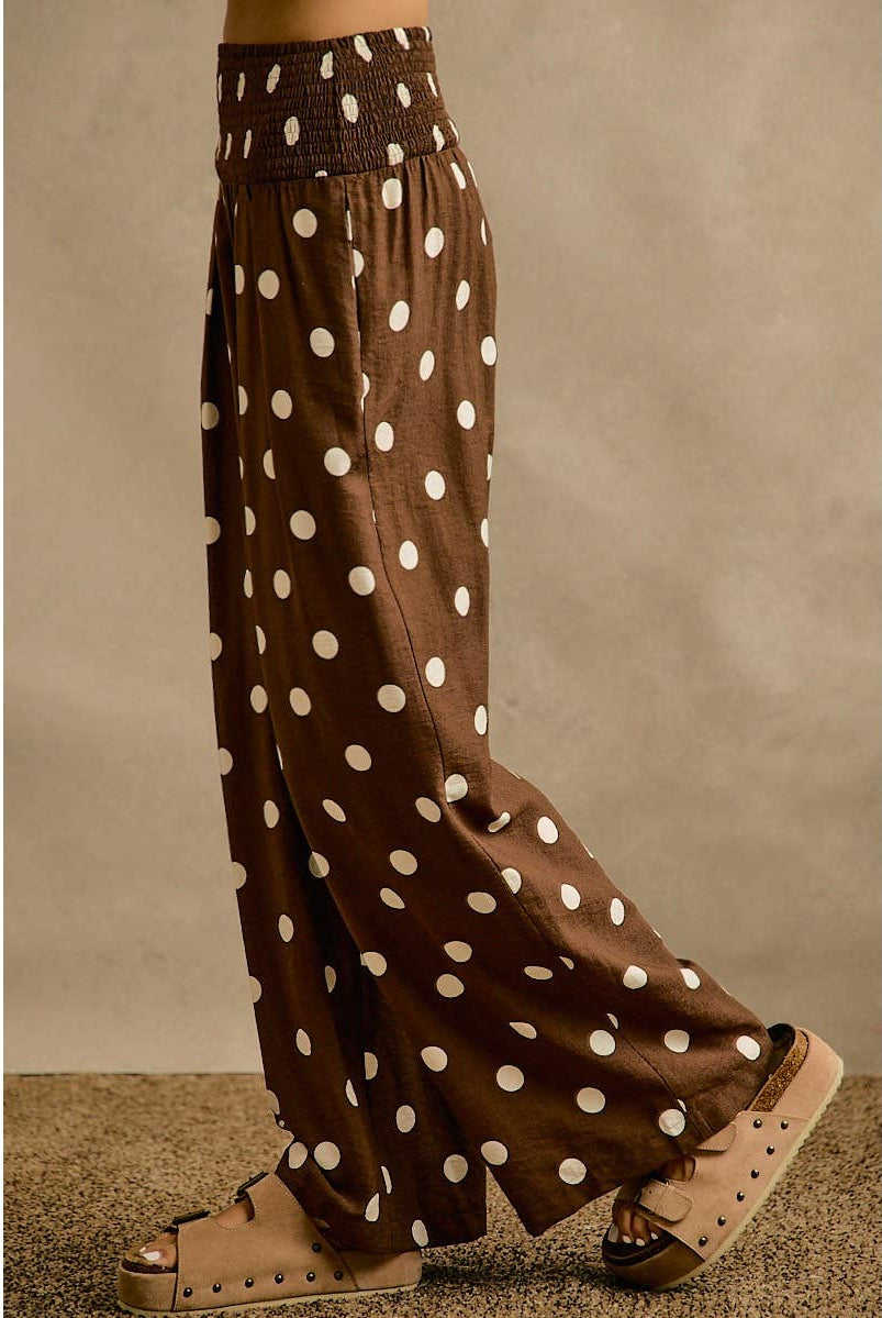 POLKA DOT CREPE SMOCKED POCKET WIDE LEG PANTS-So Me-Stuffology - Where Vintage Meets Modern, A Boutique for Real Women in Crosbyton, TX