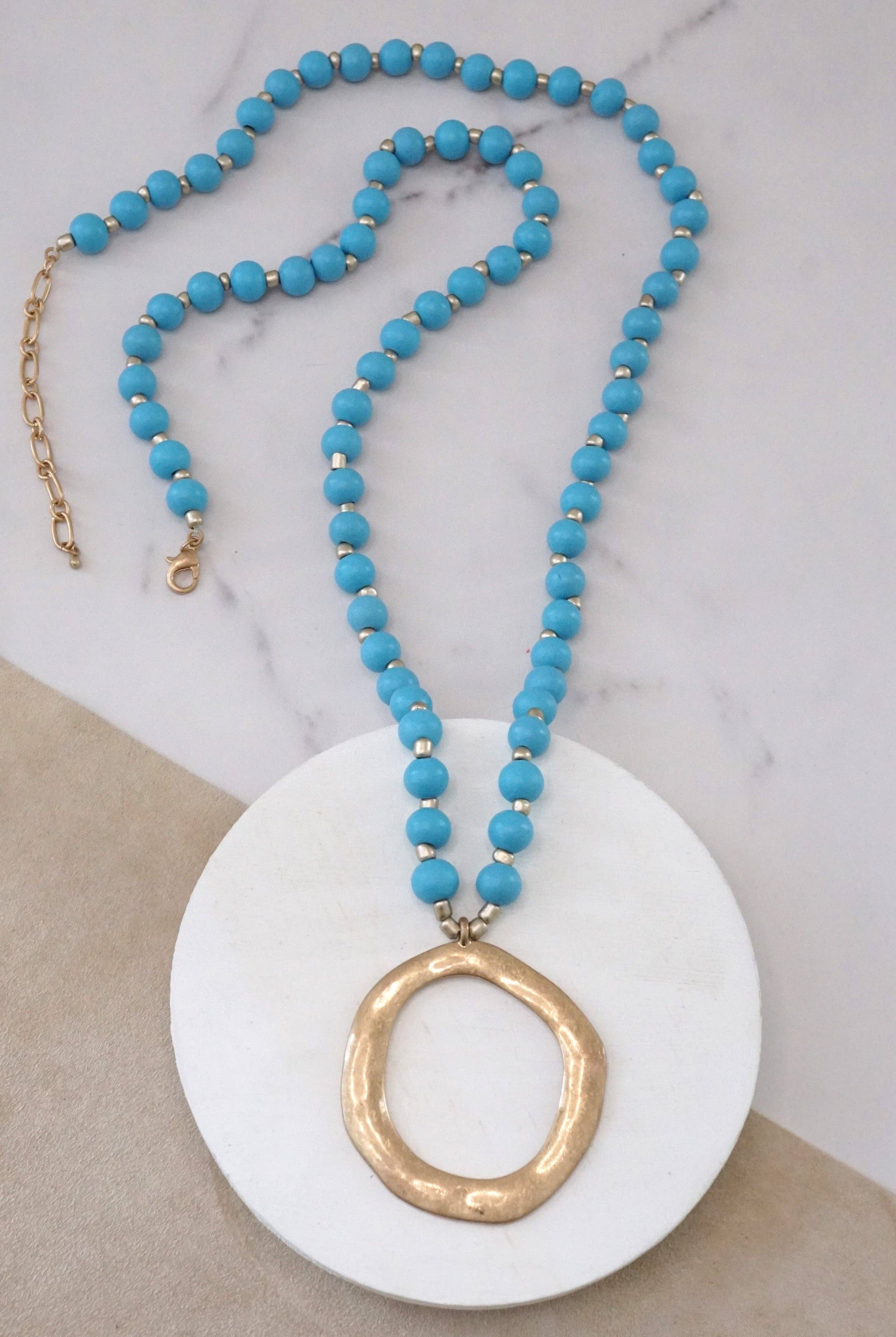 Long Wooden Bead Necklace with gold circle - Turquoise Blue-PennyLine inc-Stuffology - Where Vintage Meets Modern, A Boutique for Real Women in Crosbyton, TX