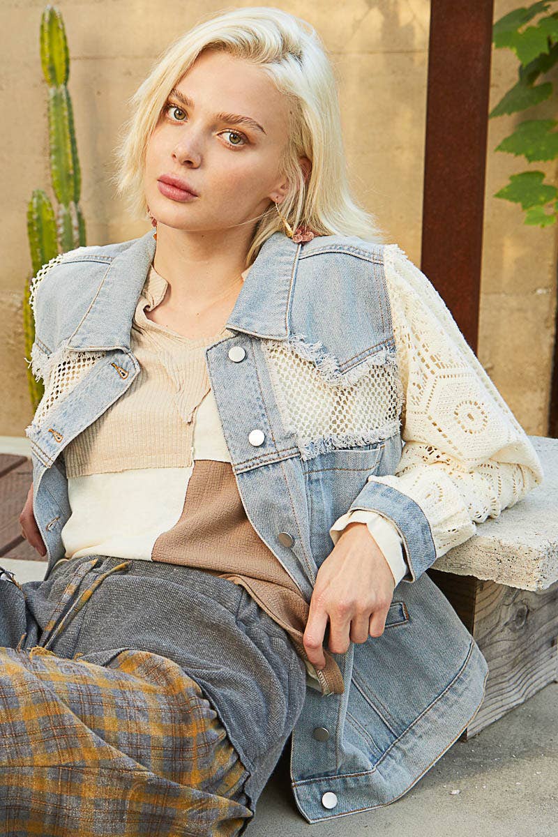 Oversize lace long sleeve crochet patches denim jacket-Shirt / Jacket-Pol Clothing-Stuffology - Where Vintage Meets Modern, A Boutique for Real Women in Crosbyton, TX