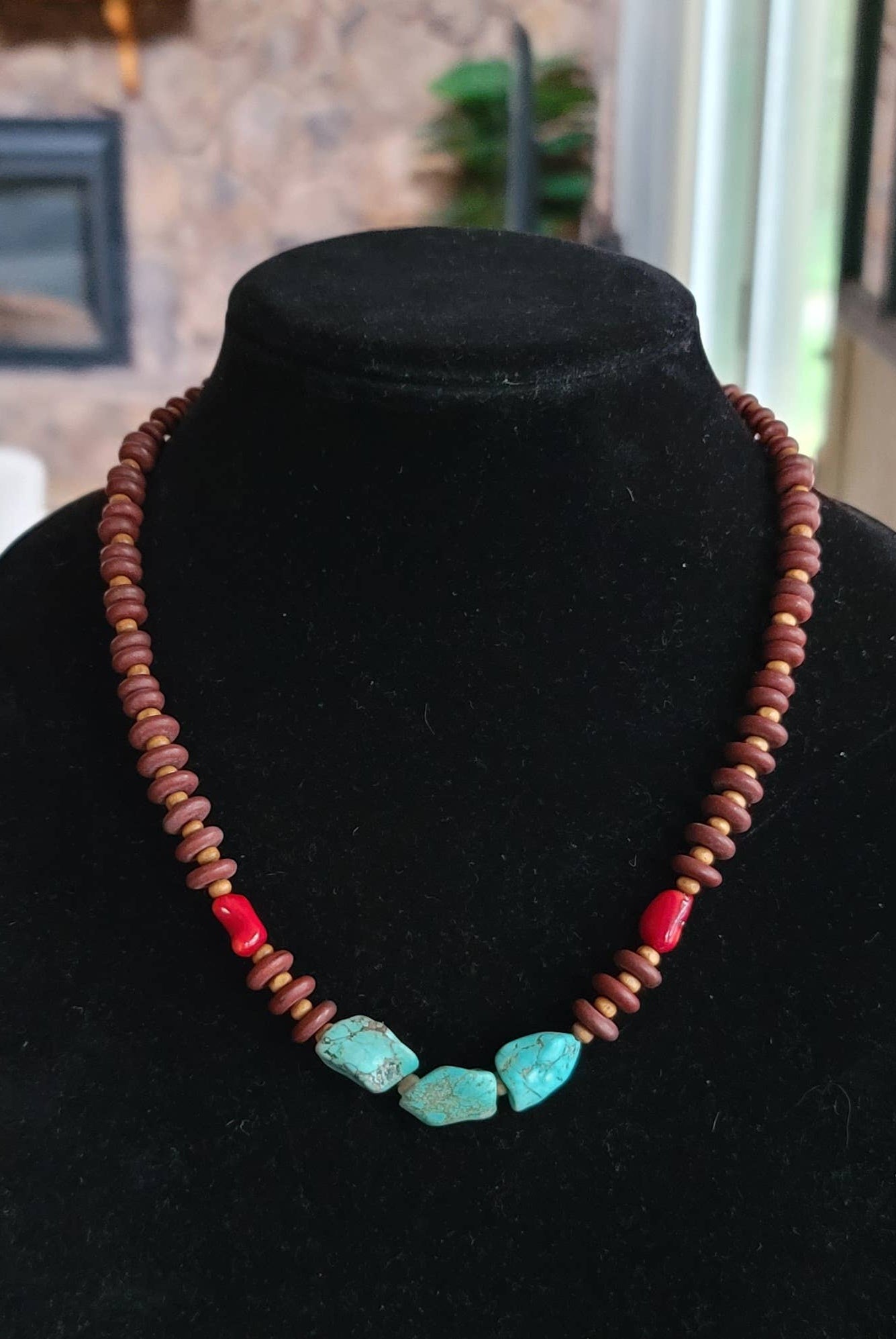 Turquoise, Coral Necklace, wood beads Native American made-Necklaces-Horse Spirit Studio-Stuffology - Where Vintage Meets Modern, A Boutique for Real Women in Crosbyton, TX