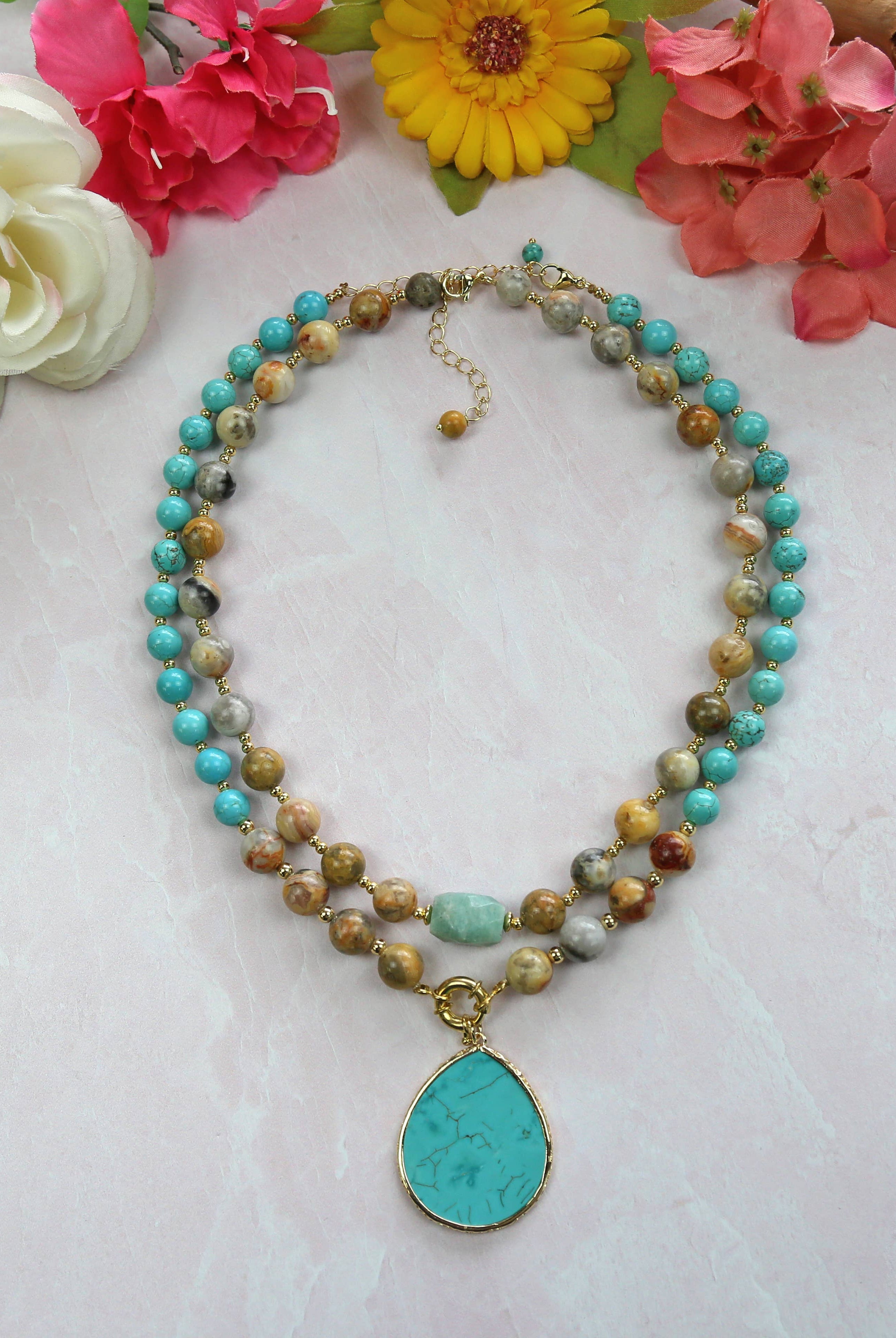 Crazy Lace Agate and Magnesite Turquoise Pendant Necklace-IST Jewelry-Stuffology - Where Vintage Meets Modern, A Boutique for Real Women in Crosbyton, TX