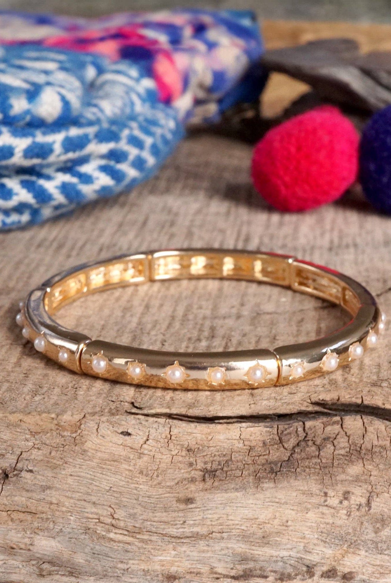 Gold-Tone Eternity Stretch Bangle – Pearls, Turquoise, or Crystals-Bracelets-PennyLine inc-Stuffology - Where Vintage Meets Modern, A Boutique for Real Women in Crosbyton, TX