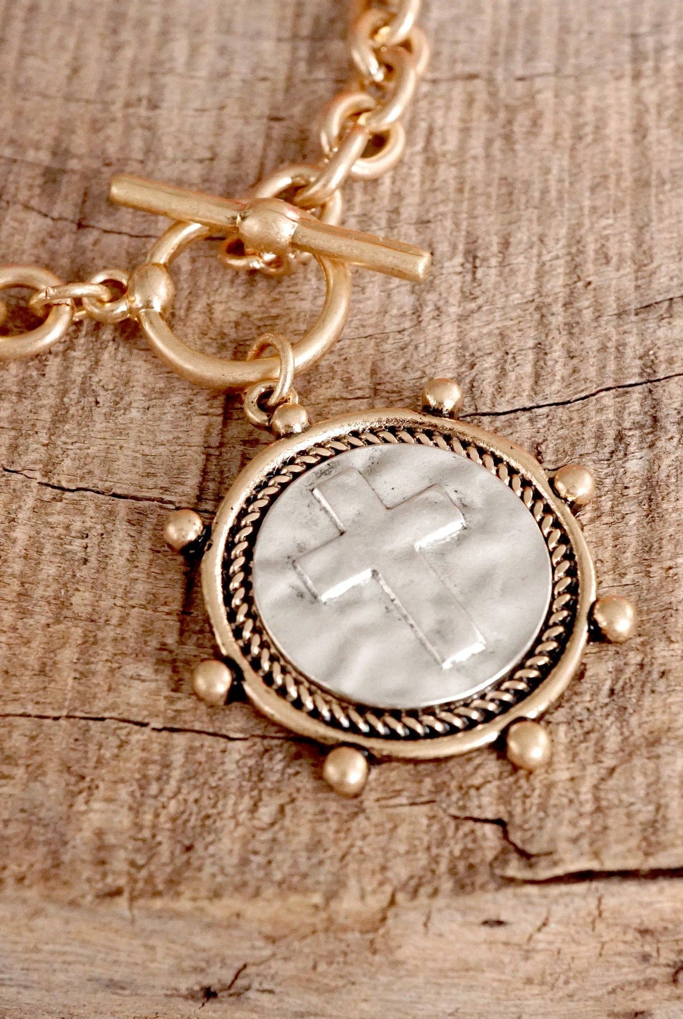 Cross Coin Chain Bracelet Toggle Closure Silver or Gold Tone-Bracelets-PennyLine inc-Stuffology - Where Vintage Meets Modern, A Boutique for Real Women in Crosbyton, TX