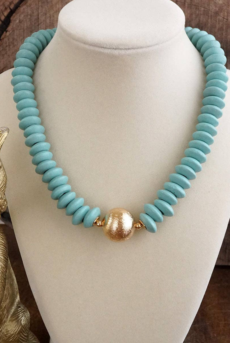 Wood Saucer Beads Short Statement Necklace Gold center Hot Pink Beige Turquoise-Necklaces-PennyLine inc-Stuffology - Where Vintage Meets Modern, A Boutique for Real Women in Crosbyton, TX