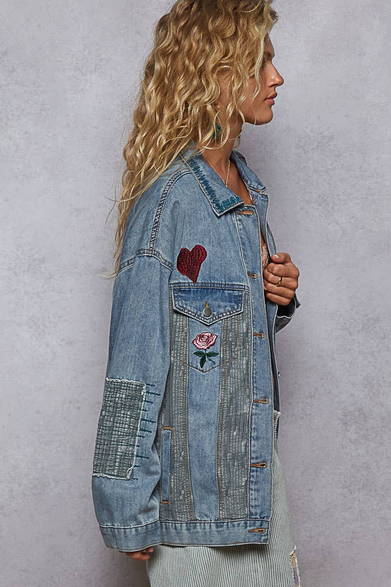 Long sleeve denim embroidery roomy fit jacket-Denim Jacket-Pol Clothing-Stuffology - Where Vintage Meets Modern, A Boutique for Real Women in Crosbyton, TX