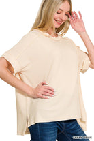 Corded Rib Short Cuff Sleeve Raw Edge Top-TOP-Stuffology Boutique-Stuffology - Where Vintage Meets Modern, A Boutique for Real Women in Crosbyton, TX