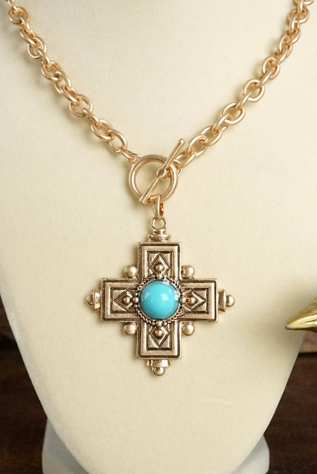 Decorative Cross Necklace Worn Gold or Silver Tone Front Toggle and Turquoise-Necklaces-PennyLine inc-Stuffology - Where Vintage Meets Modern, A Boutique for Real Women in Crosbyton, TX