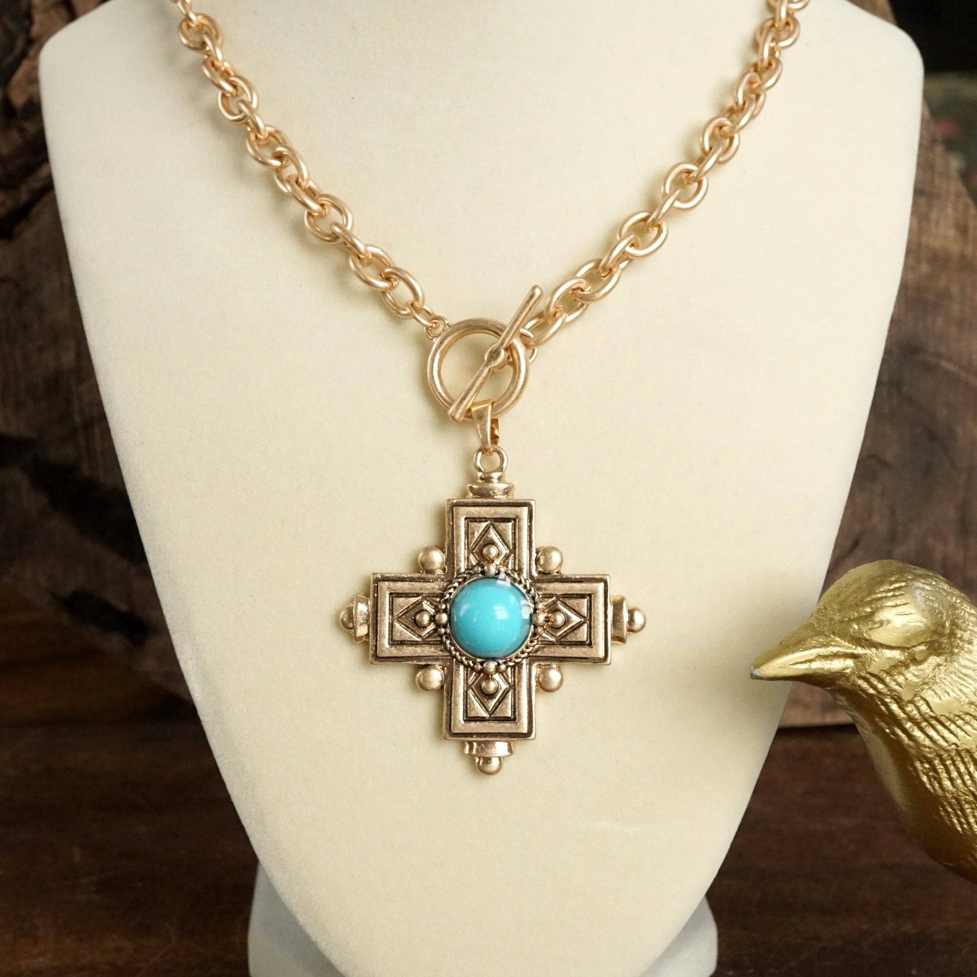 Decorative Cross Necklace Worn Gold or Silver Tone Front Toggle and Turquoise-Necklaces-PennyLine inc-Stuffology - Where Vintage Meets Modern, A Boutique for Real Women in Crosbyton, TX