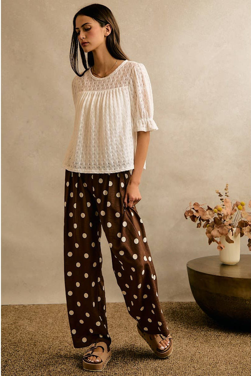 POLKA DOT CREPE SMOCKED POCKET WIDE LEG PANTS-So Me-Stuffology - Where Vintage Meets Modern, A Boutique for Real Women in Crosbyton, TX