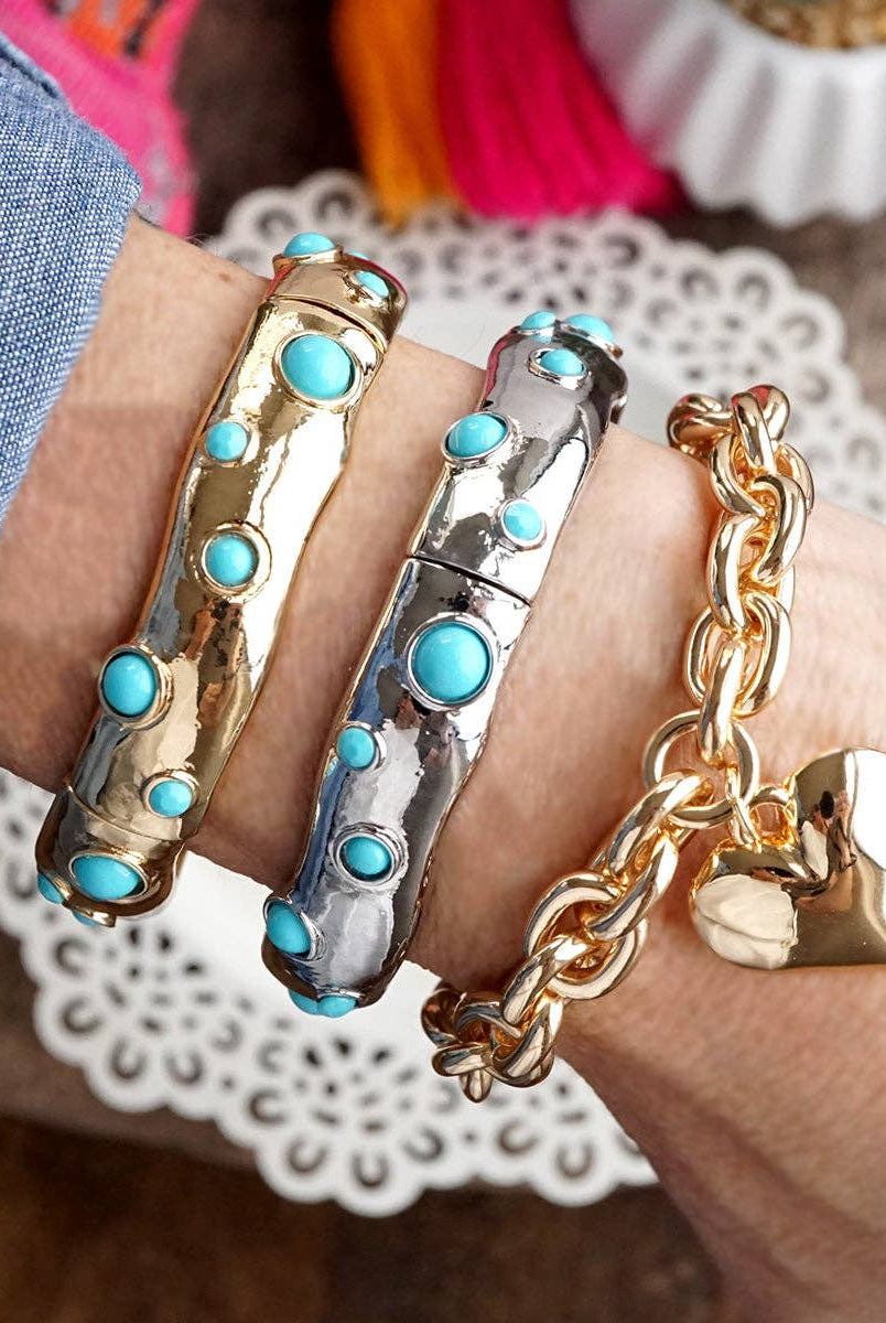 Desert Dew – Turquoise Cabochon Stretch Bangle-Bracelets-PennyLine inc-Stuffology - Where Vintage Meets Modern, A Boutique for Real Women in Crosbyton, TX