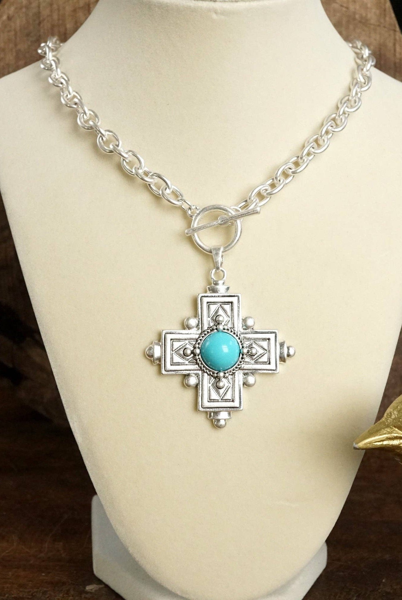 Decorative Cross Necklace Worn Gold or Silver Tone Front Toggle and Turquoise-Necklaces-PennyLine inc-Stuffology - Where Vintage Meets Modern, A Boutique for Real Women in Crosbyton, TX