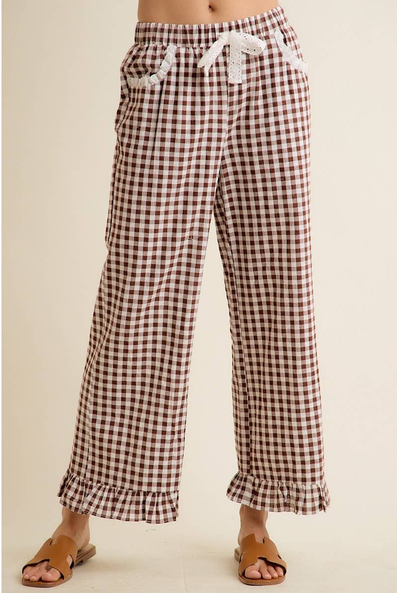 GINGHAM LACE RUFFLED PULL ON PANTS-So Me-Stuffology - Where Vintage Meets Modern, A Boutique for Real Women in Crosbyton, TX