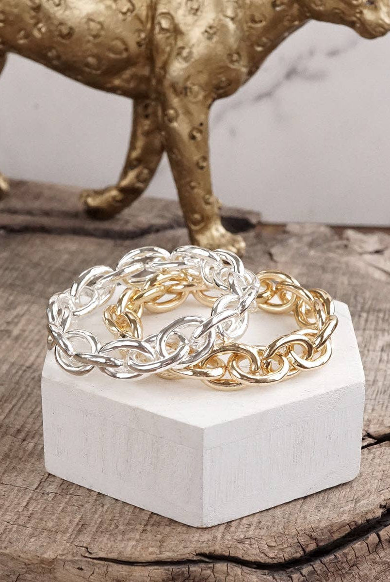 Bold Links – Chunky Chain Stretchy Bracelet - in Gold-Bracelets-PennyLine inc-Stuffology - Where Vintage Meets Modern, A Boutique for Real Women in Crosbyton, TX