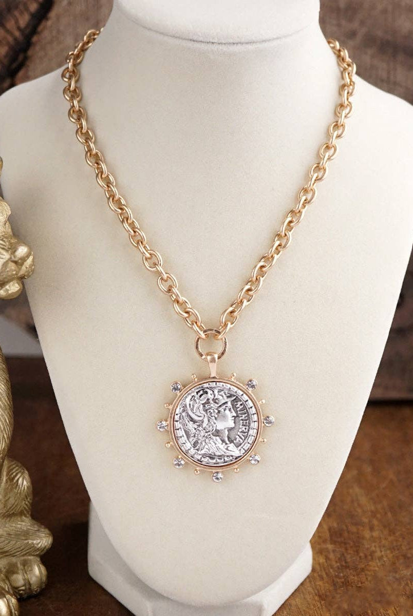 Radiant Relic – Coin Medallion Necklace with Crystal Halo-Necklaces-PennyLine inc-Stuffology - Where Vintage Meets Modern, A Boutique for Real Women in Crosbyton, TX