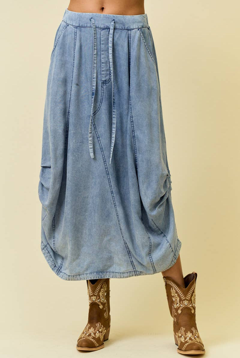 DENIM SIDE TUCK DETAIL MIDI SKIRT-Skirts-Doe and Rae-Stuffology - Where Vintage Meets Modern, A Boutique for Real Women in Crosbyton, TX