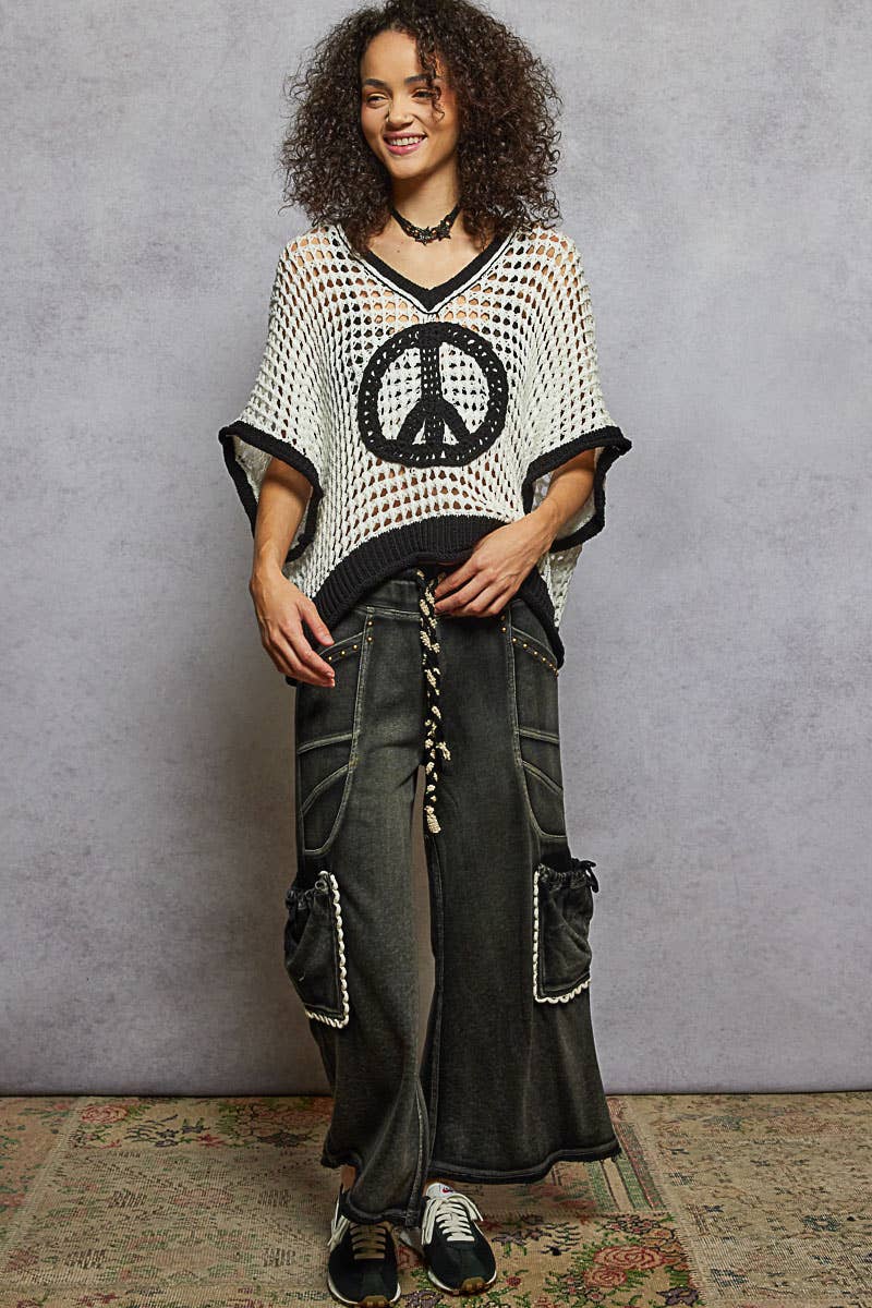 Oversize Boho Peace Crochet Top - Black & White-Crochet Top-Pol Clothing-Stuffology - Where Vintage Meets Modern, A Boutique for Real Women in Crosbyton, TX