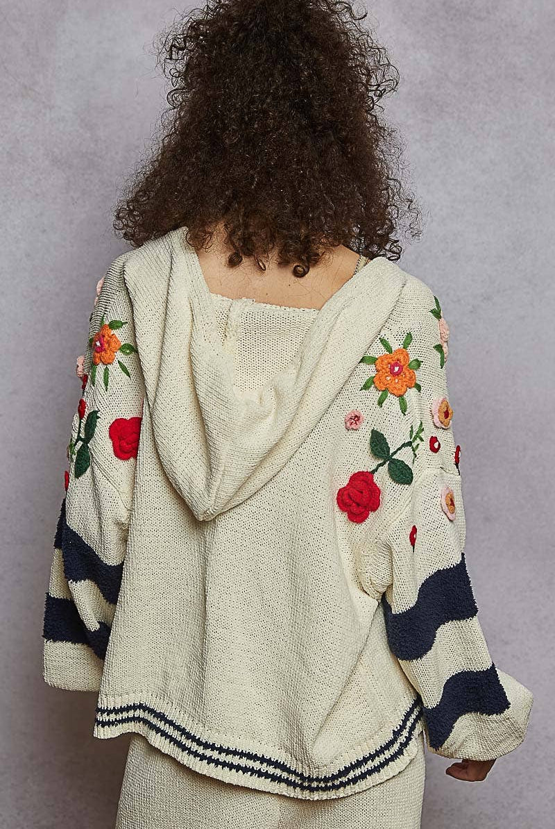 POL Clothing - Striped pattern 3D embroidered hoodie zip-up sweater top-Pol Clothing-Stuffology - Where Vintage Meets Modern, A Boutique for Real Women in Crosbyton, TX