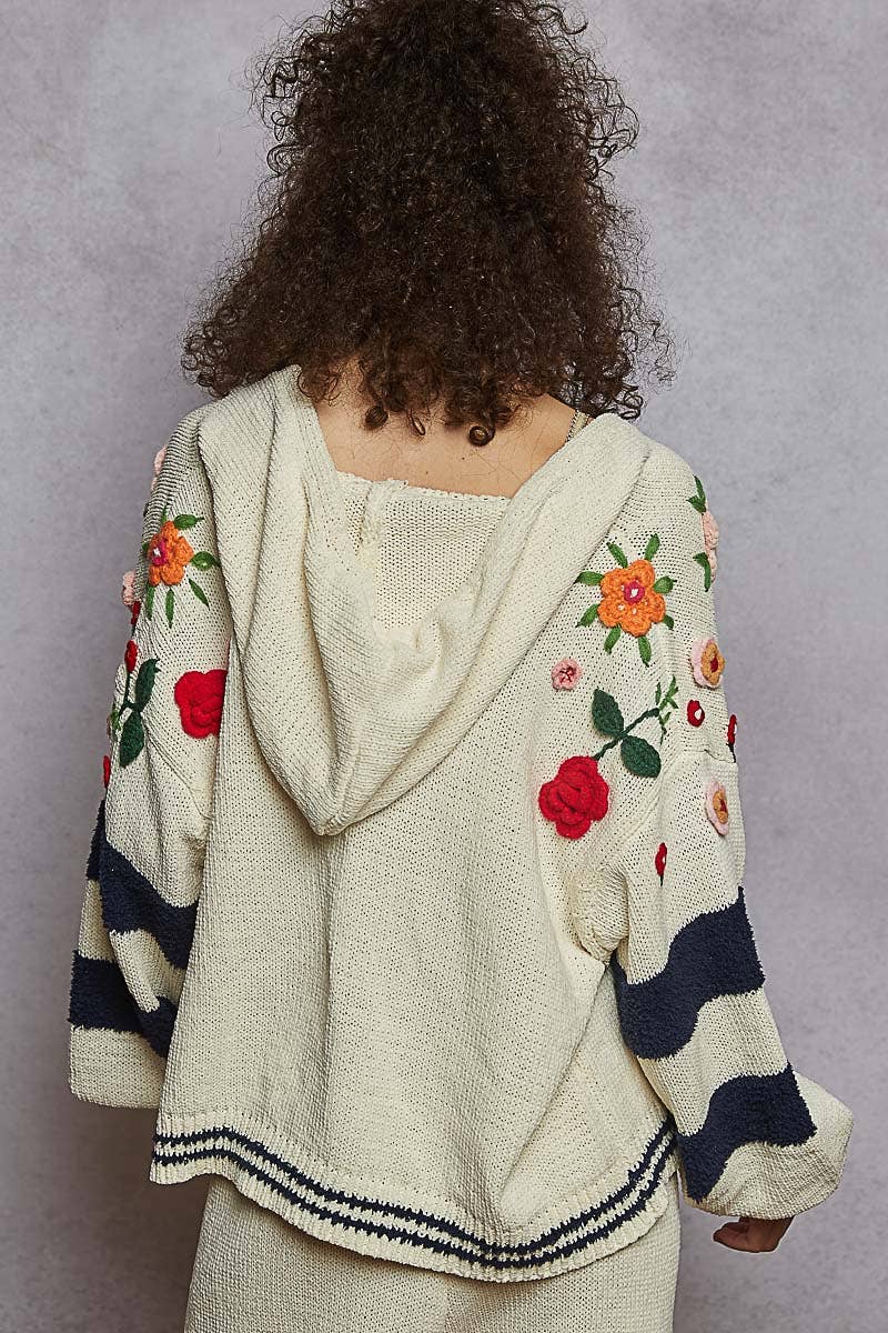 POL Clothing - Striped pattern 3D embroidered hoodie zip-up sweater top-Pol Clothing-Stuffology - Where Vintage Meets Modern, A Boutique for Real Women in Crosbyton, TX