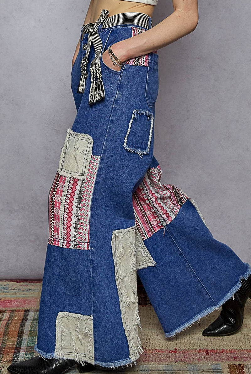 POL Clothing Boho Patchwork Denim Wide Leg Jeans-Jeans-Pol Clothing-Stuffology - Where Vintage Meets Modern, A Boutique for Real Women in Crosbyton, TX