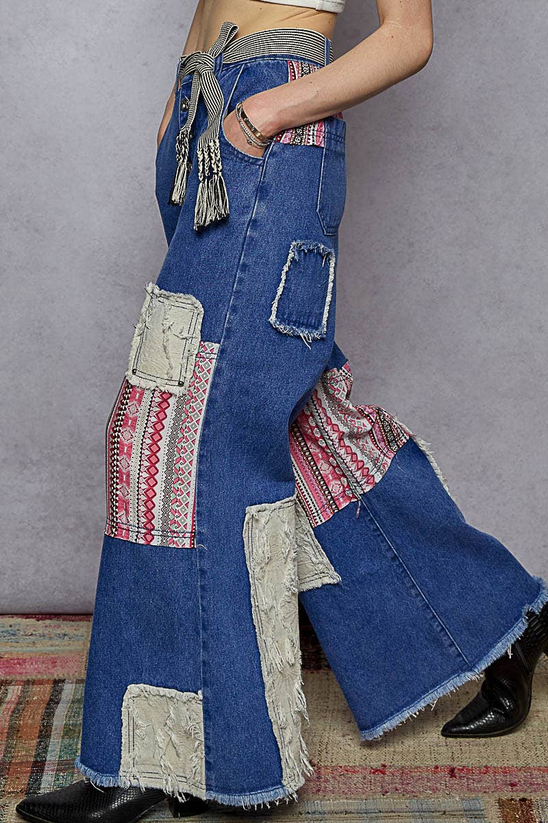 POL Clothing Boho Patchwork Denim Wide Leg Jeans-Jeans-Pol Clothing-Stuffology - Where Vintage Meets Modern, A Boutique for Real Women in Crosbyton, TX