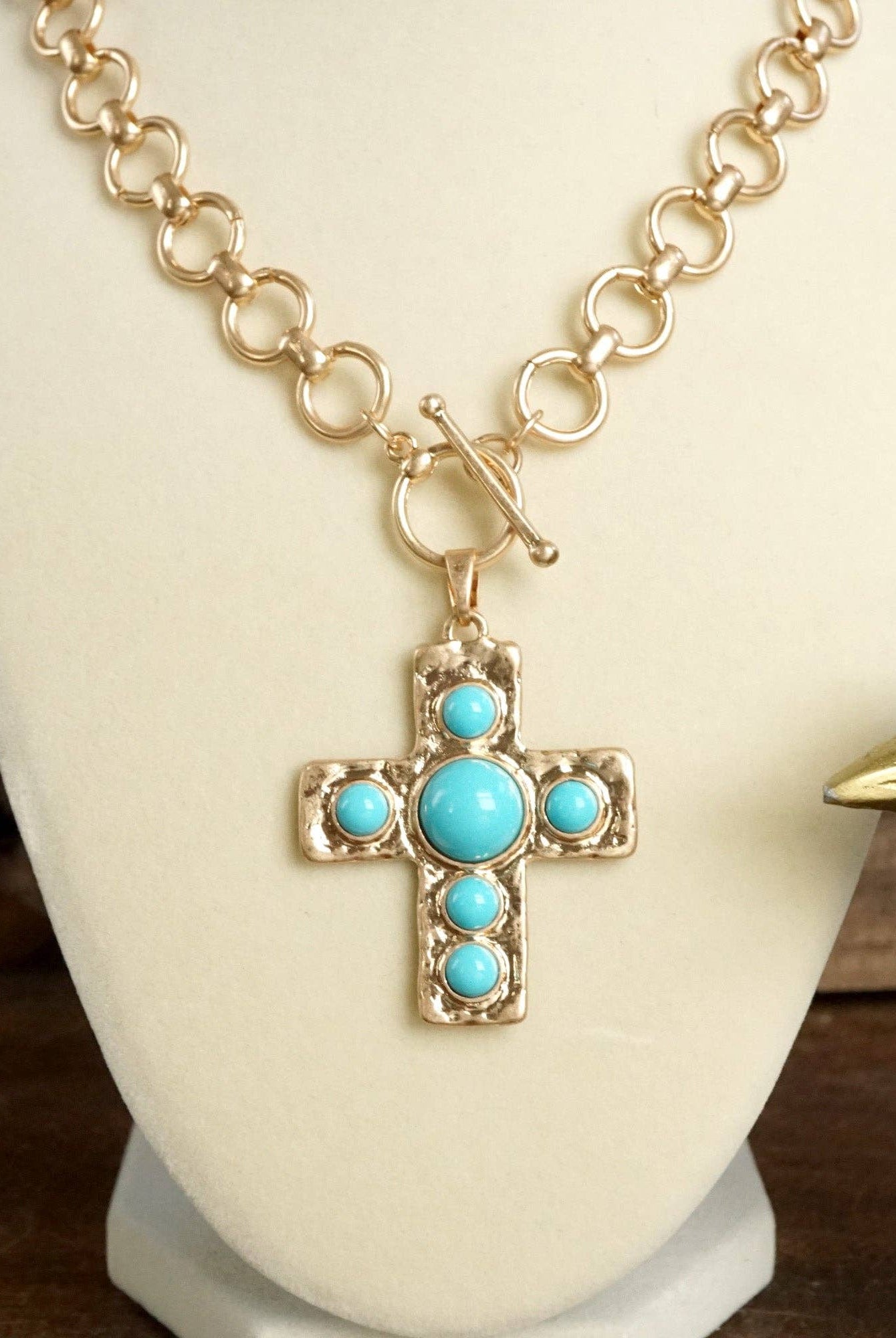 Primitive Cross Necklace – Worn Gold Tone with Acrylic Turquoise or Pearl Cabochons-PennyLine inc-Stuffology - Where Vintage Meets Modern, A Boutique for Real Women in Crosbyton, TX