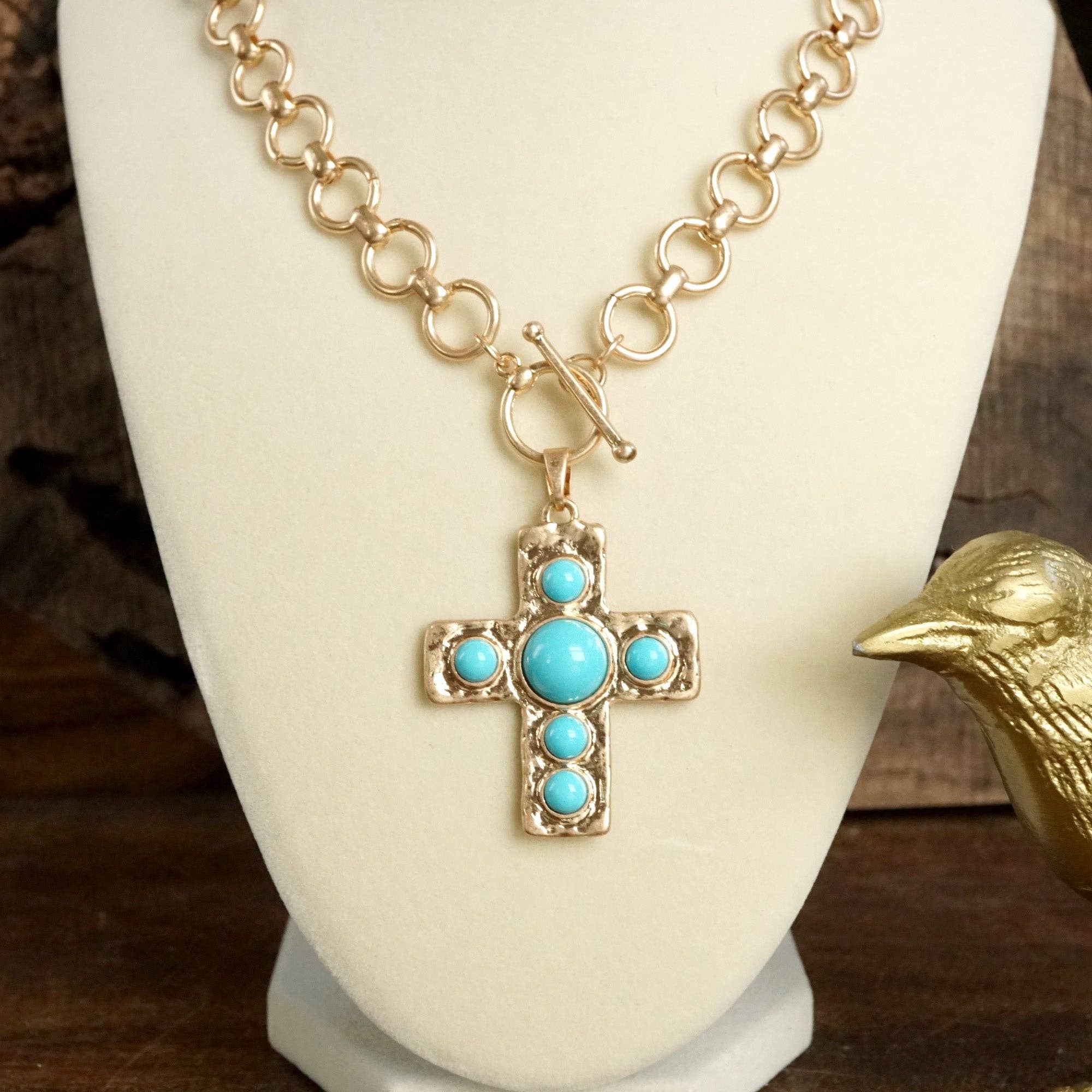 Primitive Cross Necklace – Worn Gold Tone with Acrylic Turquoise or Pearl Cabochons-PennyLine inc-Stuffology - Where Vintage Meets Modern, A Boutique for Real Women in Crosbyton, TX