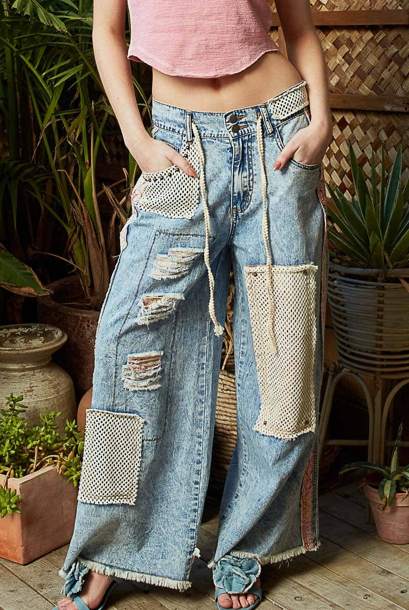 POL Clothing Stud Detail Patchwork Denim Pants-Jeans-Pol Clothing-Stuffology - Where Vintage Meets Modern, A Boutique for Real Women in Crosbyton, TX