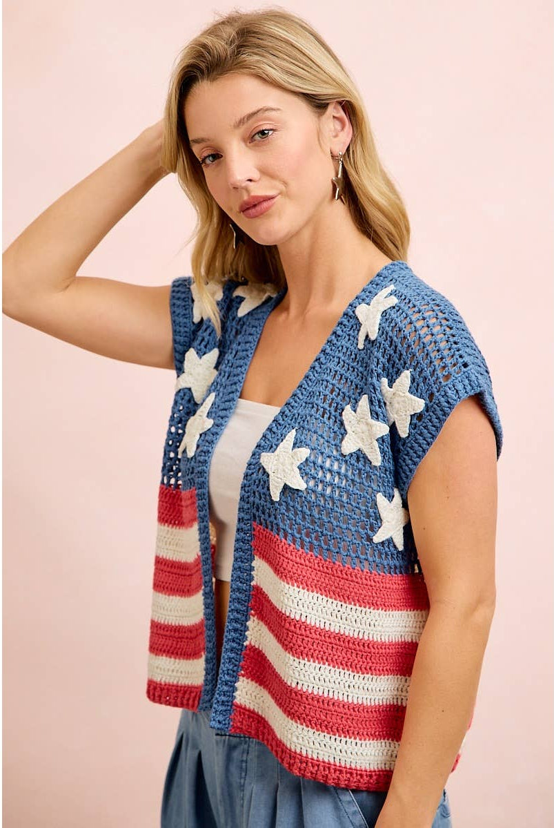 American Flag Short Sleeve Cardigan-Cardigan-BiBi-Stuffology - Where Vintage Meets Modern, A Boutique for Real Women in Crosbyton, TX