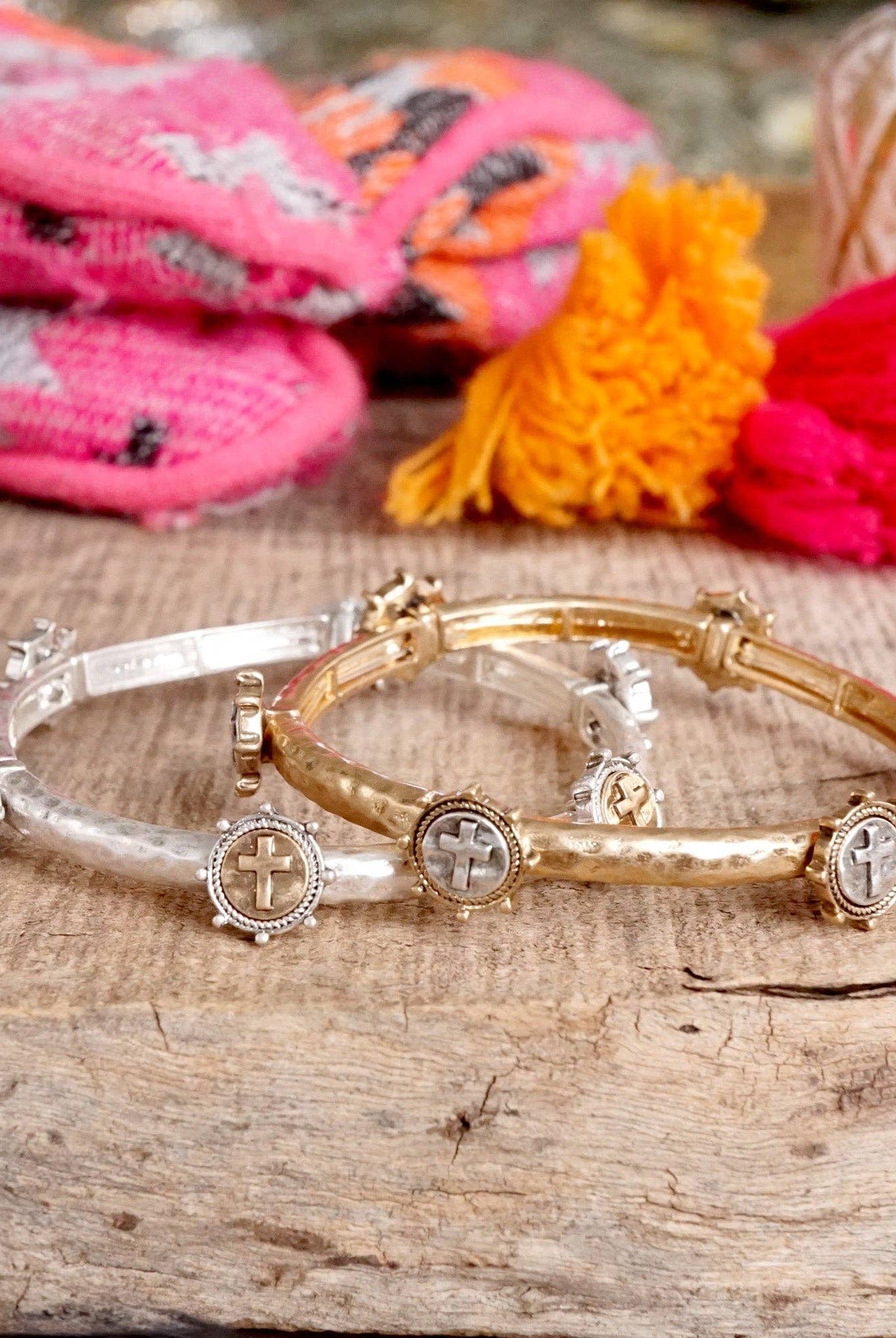 Cross Coin Bangle in Worn Silver or Gold Tone-Bracelets-PennyLine inc-Stuffology - Where Vintage Meets Modern, A Boutique for Real Women in Crosbyton, TX