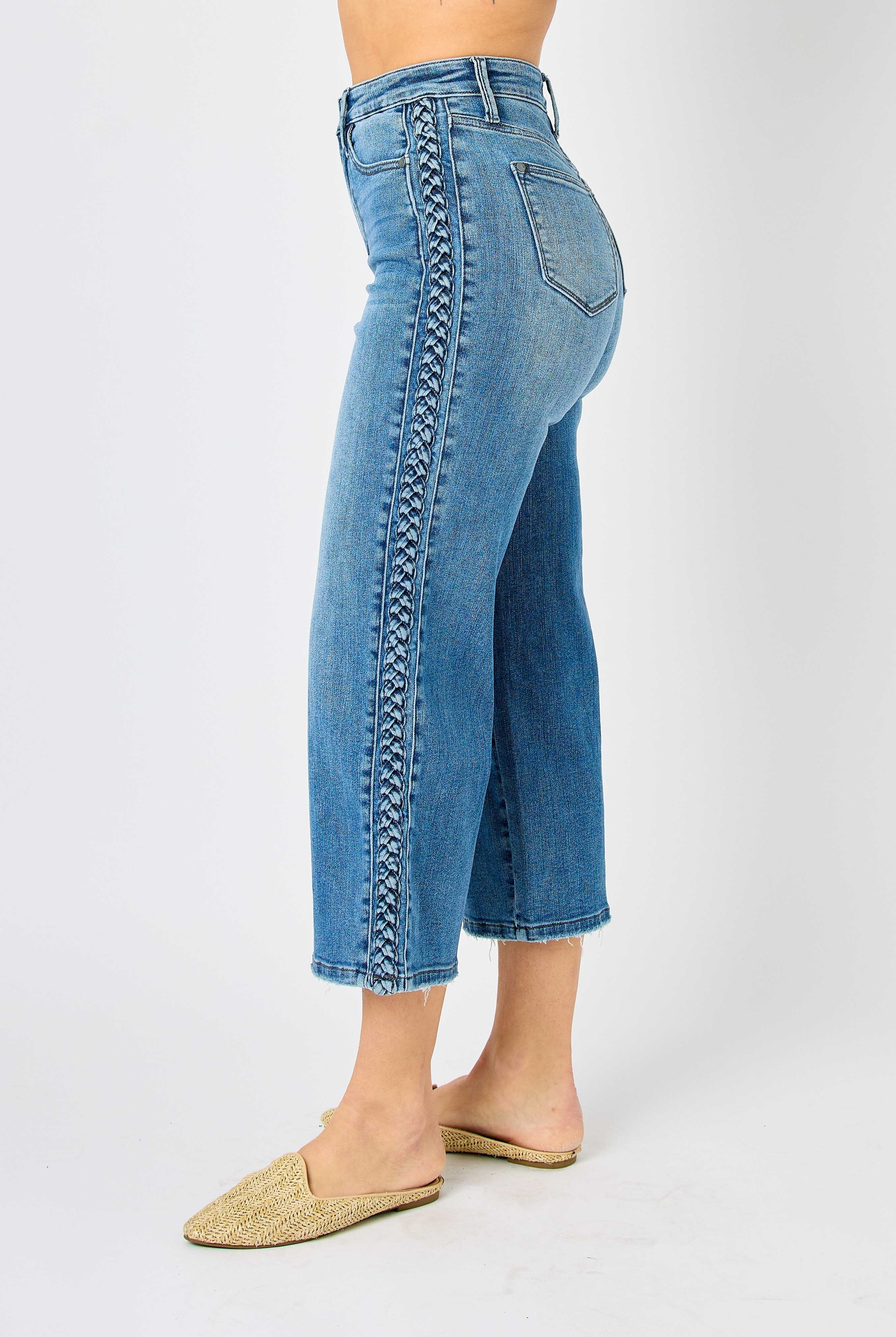 JUDY BLUE BRAIDED WIDE CROP MEDIUM WASH JEANS / STUFFOLOGY BOUTIQUE-Jeans-Judy Blue-Stuffology - Where Vintage Meets Modern, A Boutique for Real Women in Crosbyton, TX