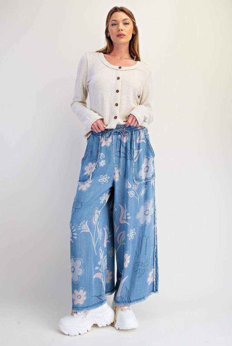 FLORAL PRINT WASHED CHAMBRAY PANTS-Pants-EASEL-Stuffology - Where Vintage Meets Modern, A Boutique for Real Women in Crosbyton, TX