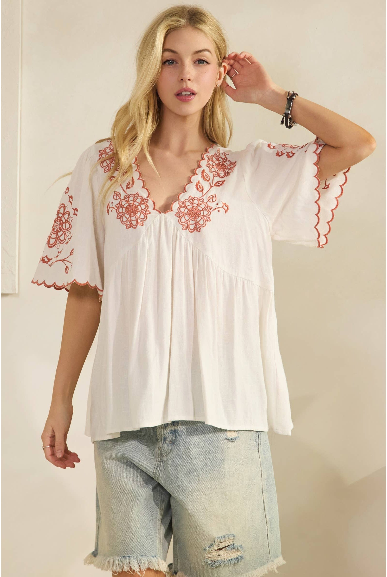 SCALLOPED BOHO EMBROIDERED BLOUSE (ST7681)-Sage + Fig-Stuffology - Where Vintage Meets Modern, A Boutique for Real Women in Crosbyton, TX
