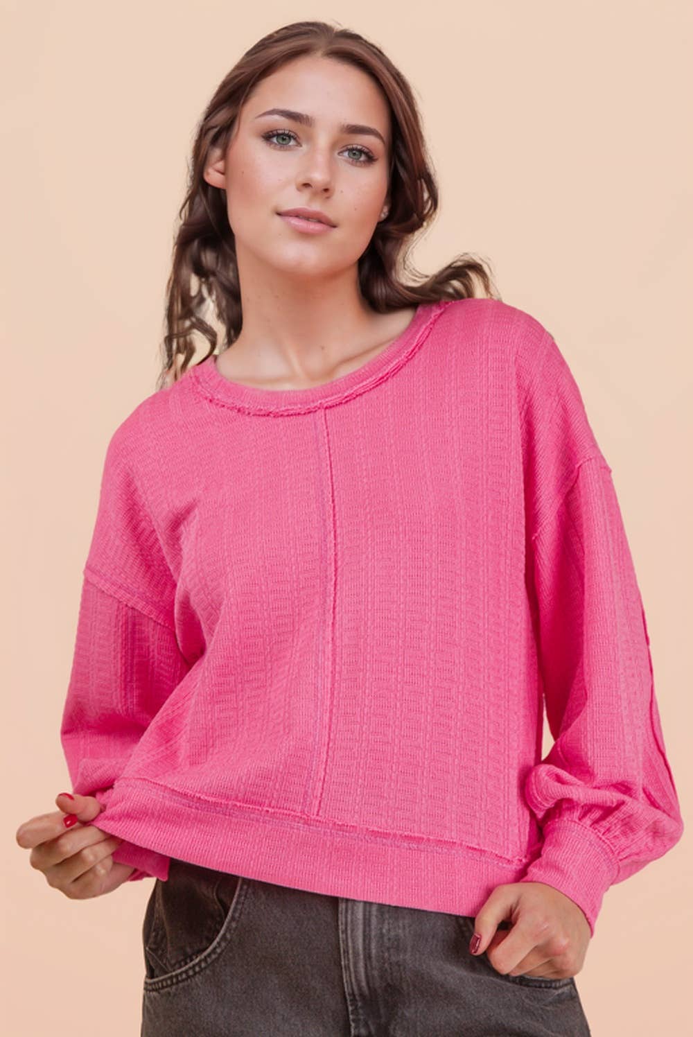 Raw Edge Detail Oversized Textured Knit Top-Top-VERY J-Stuffology - Where Vintage Meets Modern, A Boutique for Real Women in Crosbyton, TX