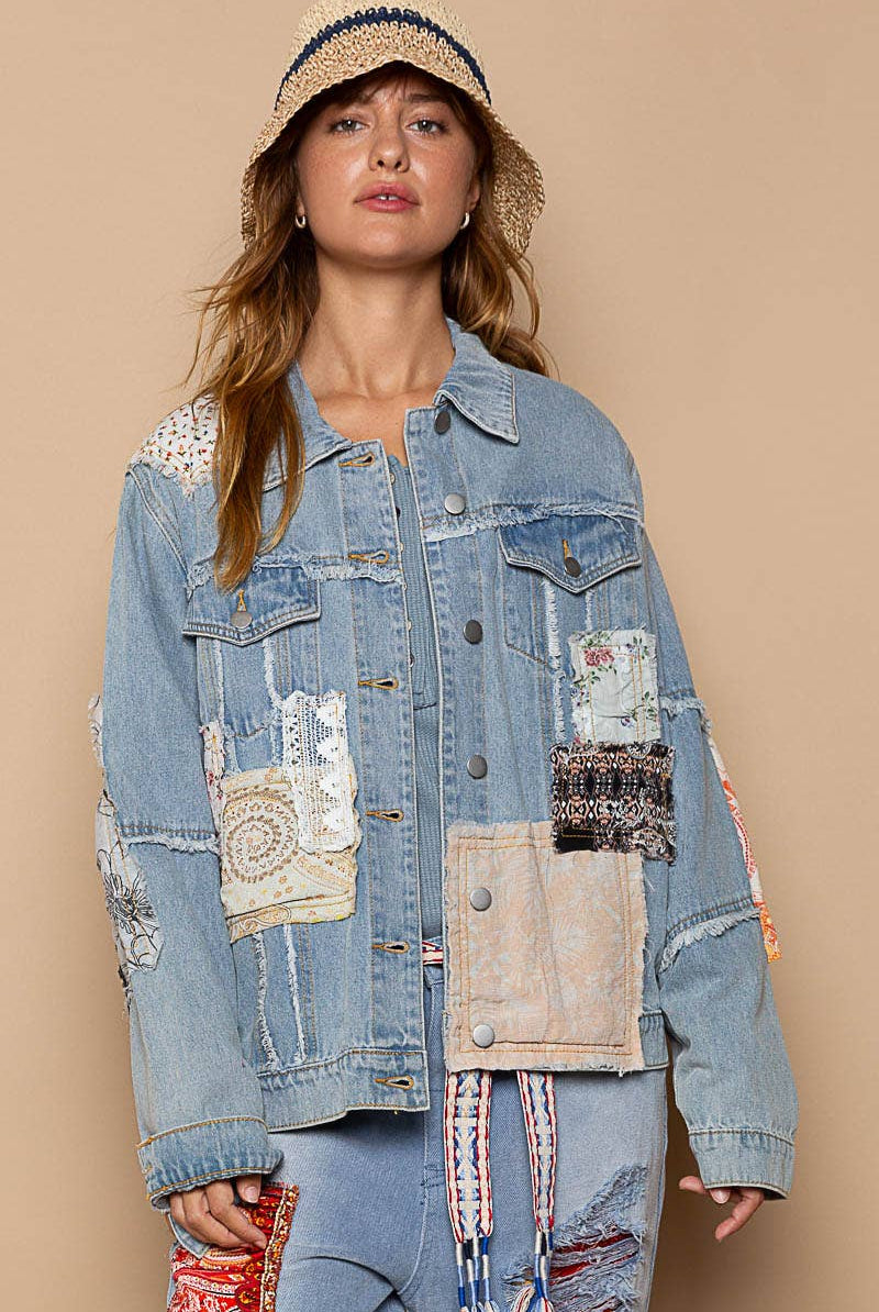 Distressed Outseam Patch Detail Button Down Denim Jacket /Stuffology Boutique-Jackets-Pol Clothing-Stuffology - Where Vintage Meets Modern, A Boutique for Real Women in Crosbyton, TX