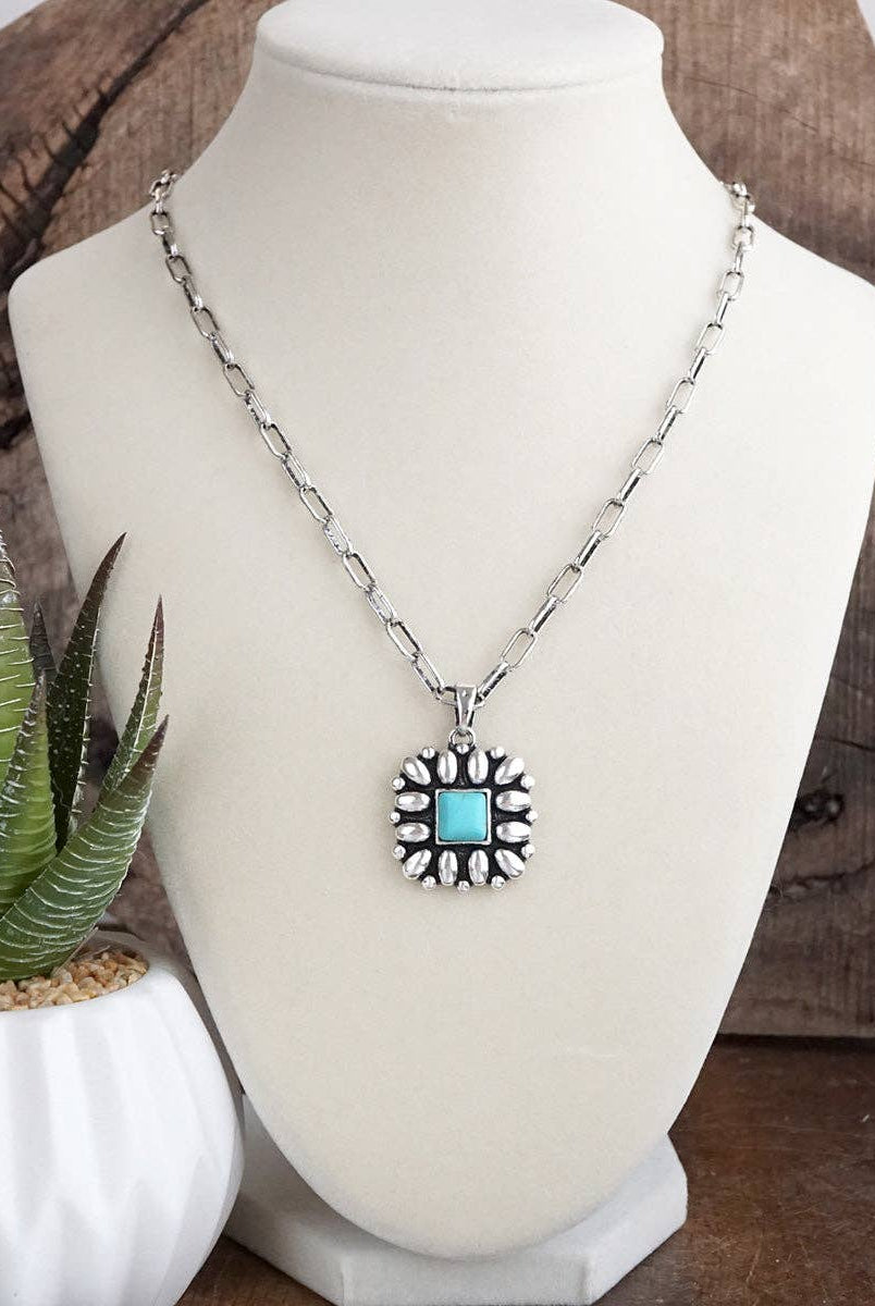 Desert Bloom – Square Concho Pendant Necklace in Worn Silver-Necklaces-PennyLine inc-Stuffology - Where Vintage Meets Modern, A Boutique for Real Women in Crosbyton, TX