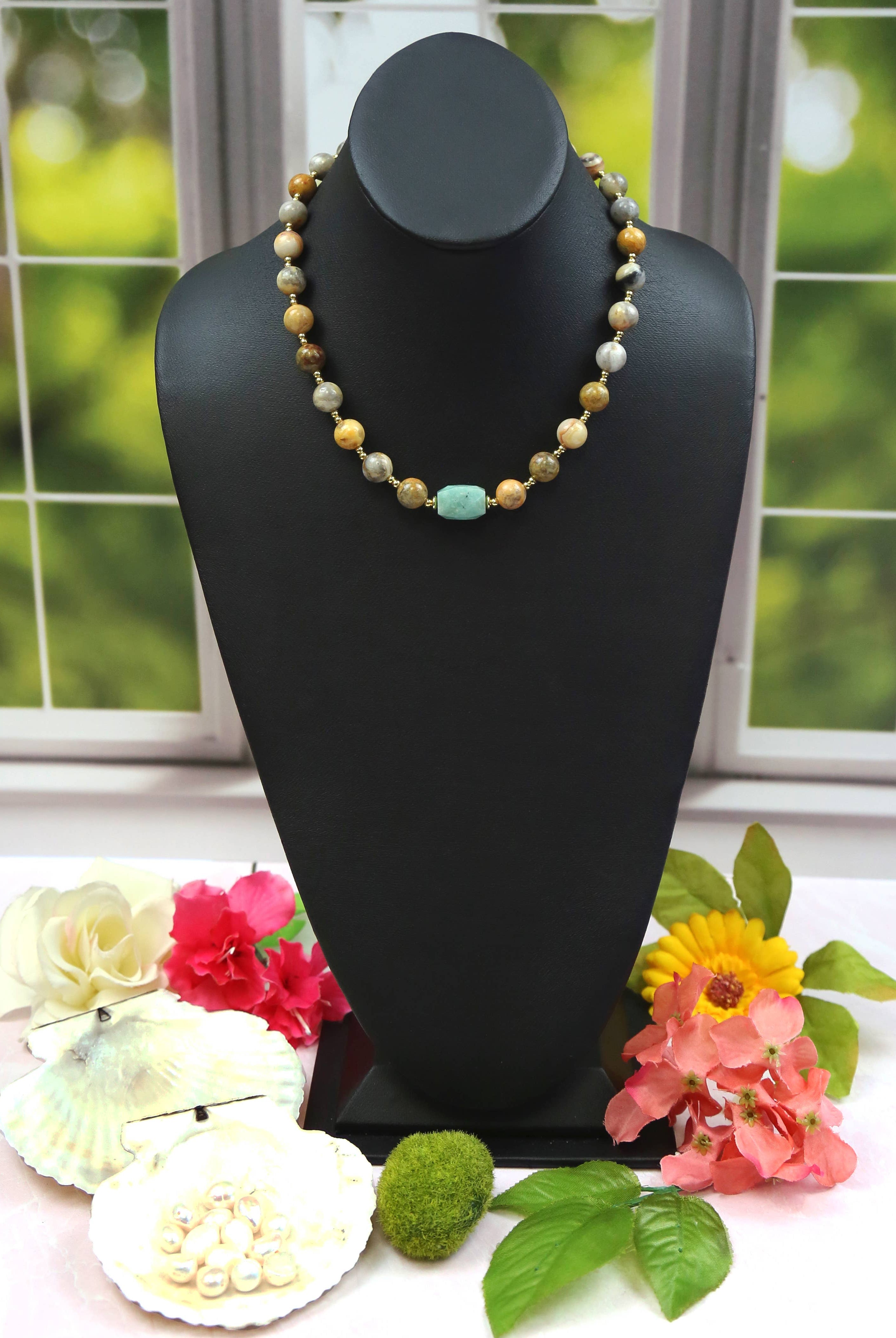 Crazy Lace Agate and Magnesite Turquoise Pendant Necklace-IST Jewelry-Stuffology - Where Vintage Meets Modern, A Boutique for Real Women in Crosbyton, TX