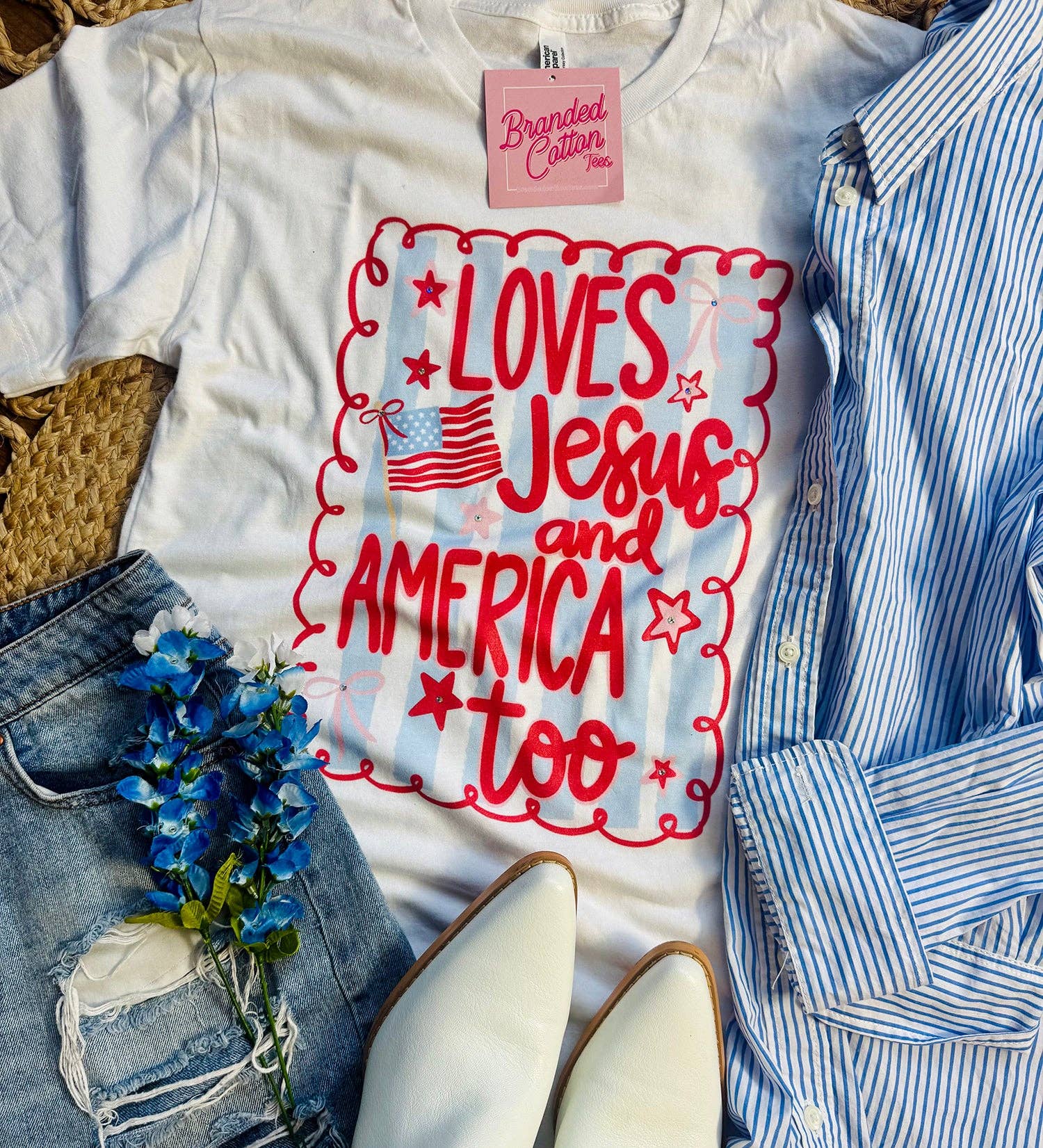 Love Jesus and America-Graphic Tees-Branded Cotton-Stuffology - Where Vintage Meets Modern, A Boutique for Real Women in Crosbyton, TX