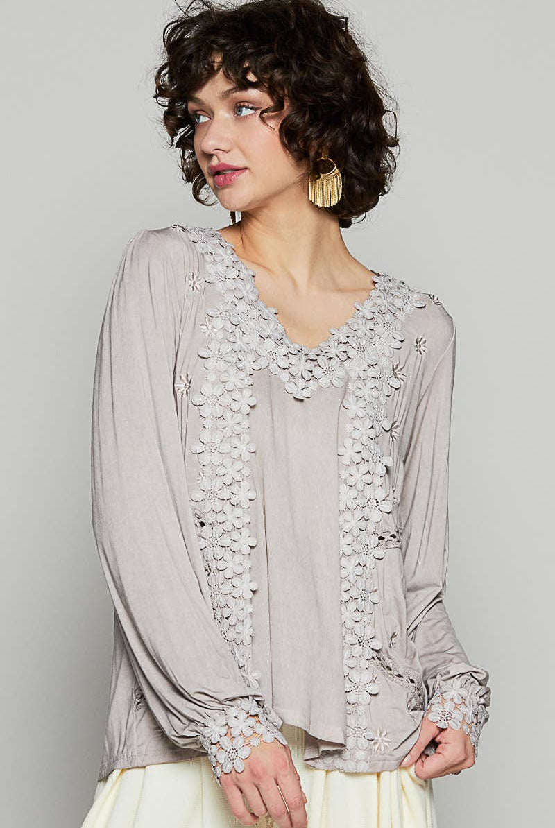 Long Sleeve Contrast Floral Lace Crochet V-Neck Top-Pol Clothing-Stuffology - Where Vintage Meets Modern, A Boutique for Real Women in Crosbyton, TX