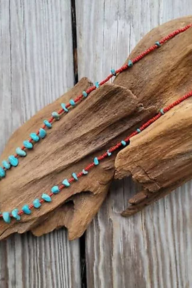 Turquoise red seed bead necklace Native American handmade-Necklaces-Horse Spirit Studio-Stuffology - Where Vintage Meets Modern, A Boutique for Real Women in Crosbyton, TX