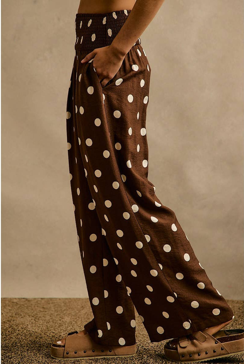 POLKA DOT CREPE SMOCKED POCKET WIDE LEG PANTS-So Me-Stuffology - Where Vintage Meets Modern, A Boutique for Real Women in Crosbyton, TX