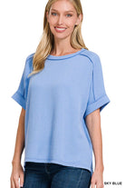 Corded Rib Short Cuff Sleeve Raw Edge Top-TOP-Stuffology Boutique-Stuffology - Where Vintage Meets Modern, A Boutique for Real Women in Crosbyton, TX
