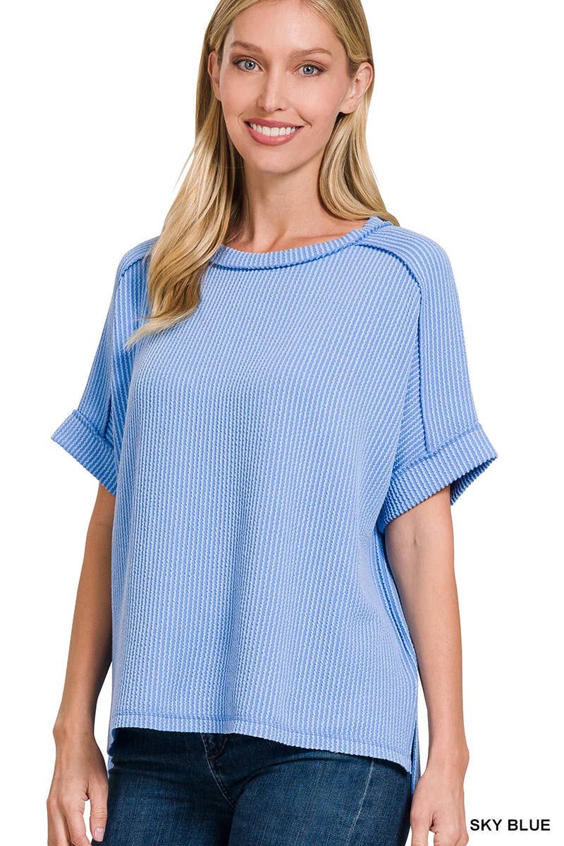 Corded Rib Short Cuff Sleeve Raw Edge Top-TOP-Stuffology Boutique-Stuffology - Where Vintage Meets Modern, A Boutique for Real Women in Crosbyton, TX