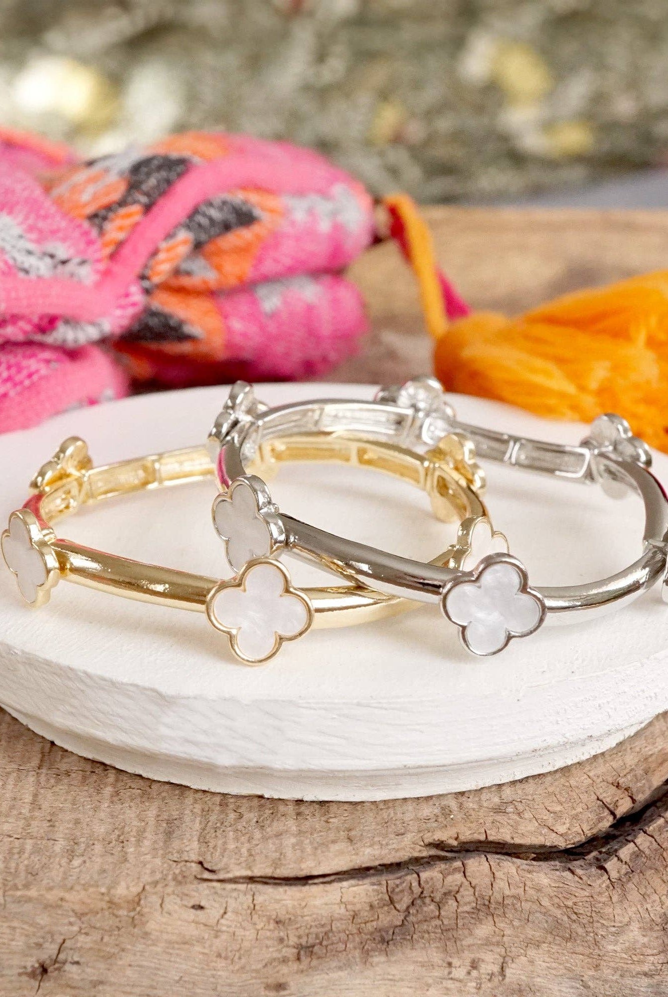 Clover Stretchy Bangle Bracelet – Mother of Pearl in Gold or Silver Tone-PennyLine inc-Stuffology - Where Vintage Meets Modern, A Boutique for Real Women in Crosbyton, TX