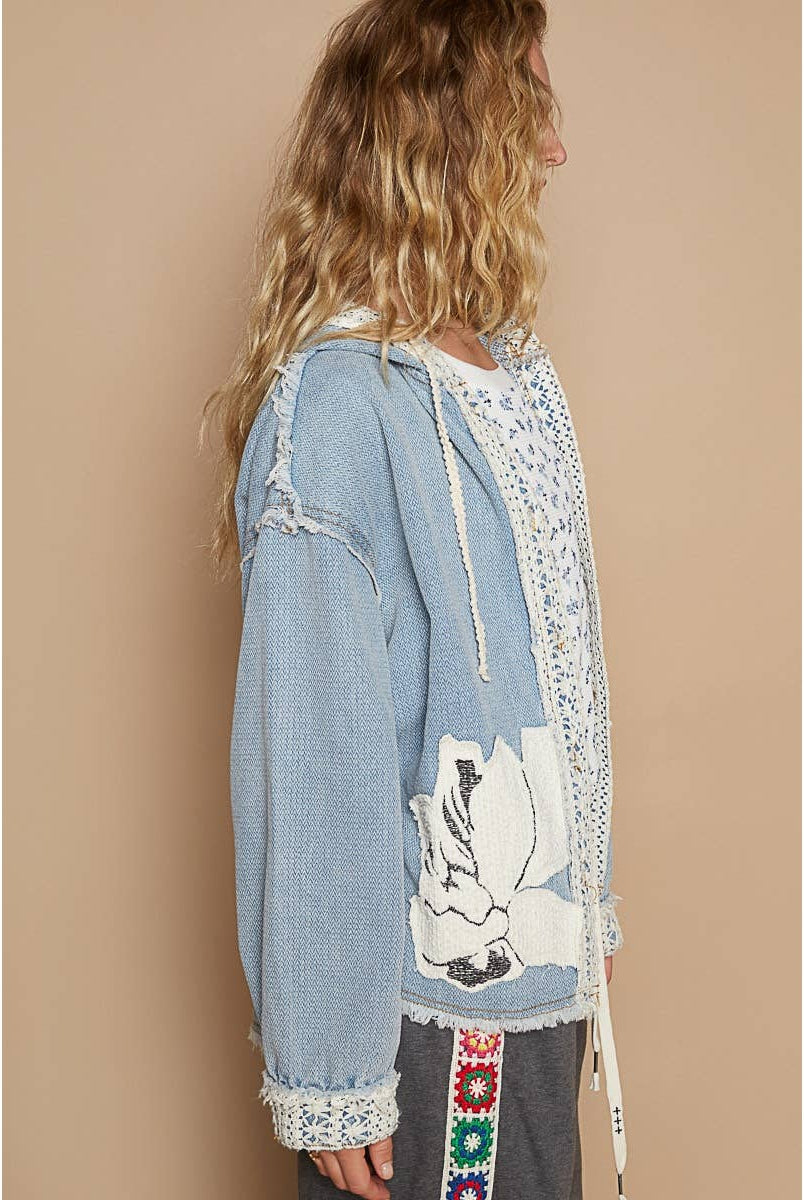 Vintage Washed Crochet Details Denim Jacket/Stuffology Boutique-Jackets-Pol Clothing-Stuffology - Where Vintage Meets Modern, A Boutique for Real Women in Crosbyton, TX