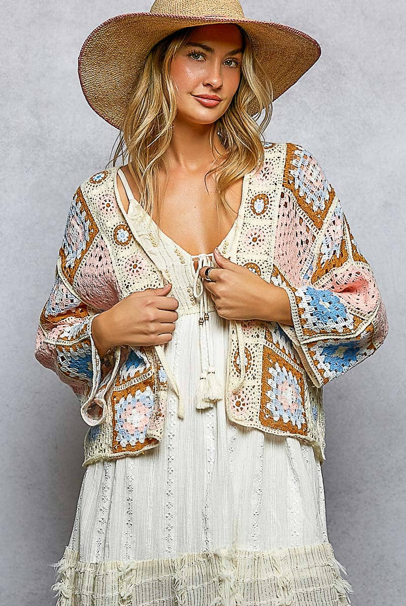 Granny Square 3/4 Sleeve Crochet Cardigan Top-Cardigan-Pol Clothing-Stuffology - Where Vintage Meets Modern, A Boutique for Real Women in Crosbyton, TX