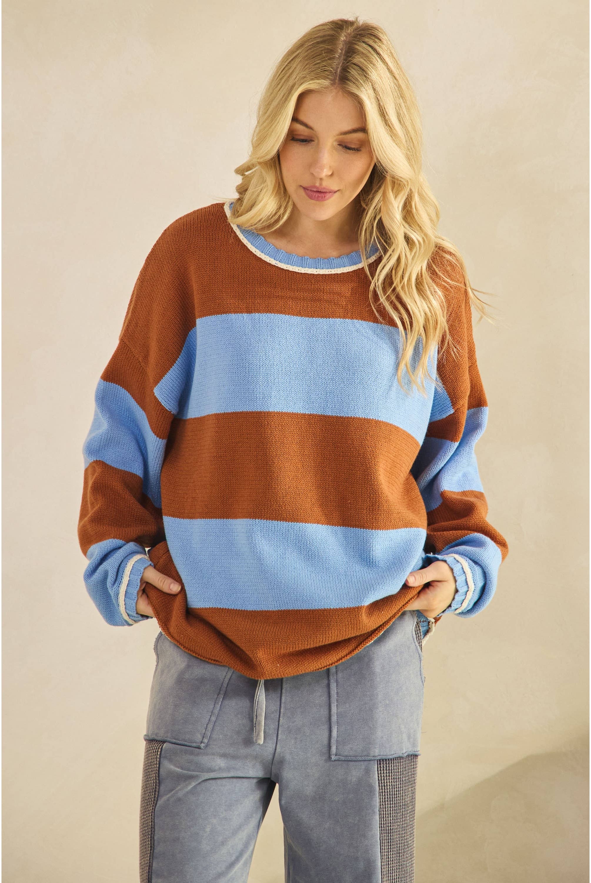 COLORBLOCK STRIPE SWEATER-Sweaters-Sage + Fig-Stuffology - Where Vintage Meets Modern, A Boutique for Real Women in Crosbyton, TX