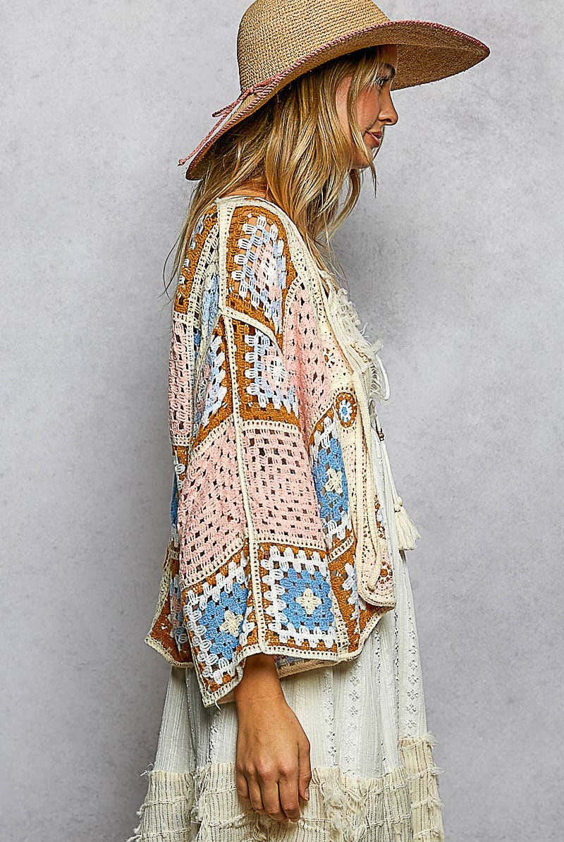 Granny Square 3/4 Sleeve Crochet Cardigan Top-Cardigan-Pol Clothing-Stuffology - Where Vintage Meets Modern, A Boutique for Real Women in Crosbyton, TX