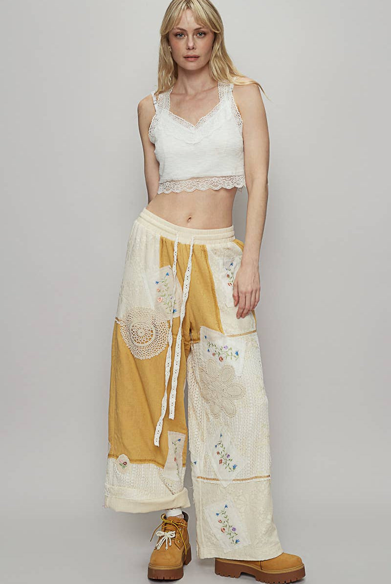 POL Clothing Honey Gold Solid Lace Patch Detail Woven Pants-Pants-Pol Clothing-Stuffology - Where Vintage Meets Modern, A Boutique for Real Women in Crosbyton, TX