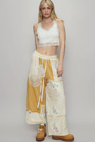 POL Clothing Honey Gold Solid Lace Patch Detail Woven Pants-Pants-Pol Clothing-Stuffology - Where Vintage Meets Modern, A Boutique for Real Women in Crosbyton, TX