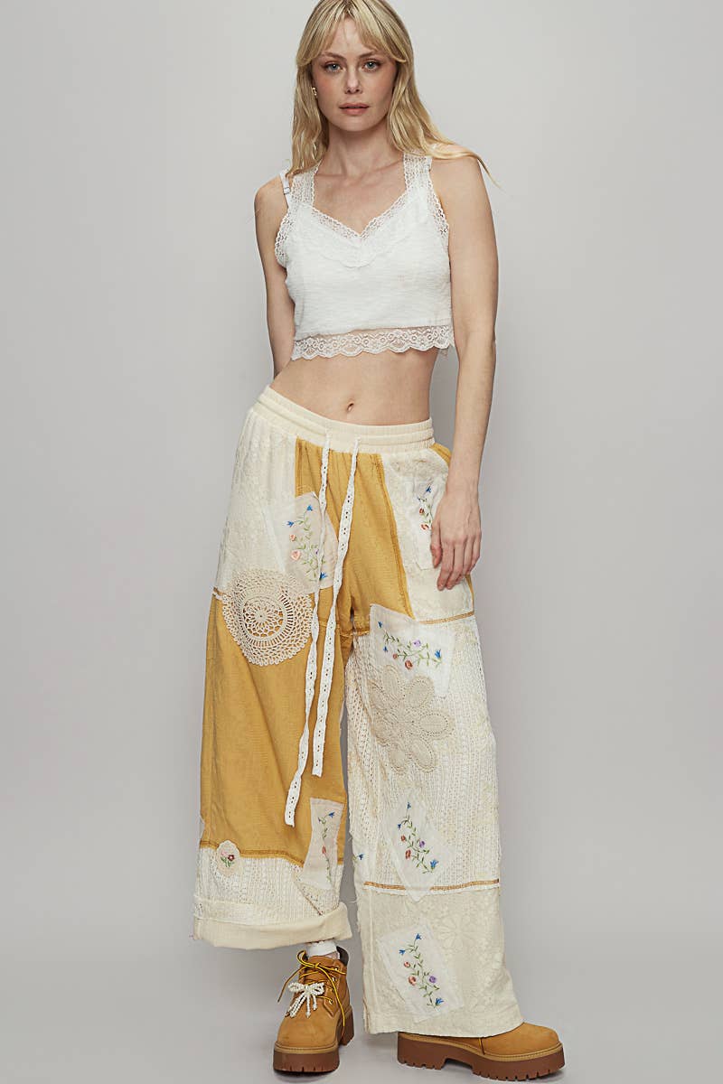 POL Clothing Honey Gold Solid Lace Patch Detail Woven Pants-Pants-Pol Clothing-Stuffology - Where Vintage Meets Modern, A Boutique for Real Women in Crosbyton, TX